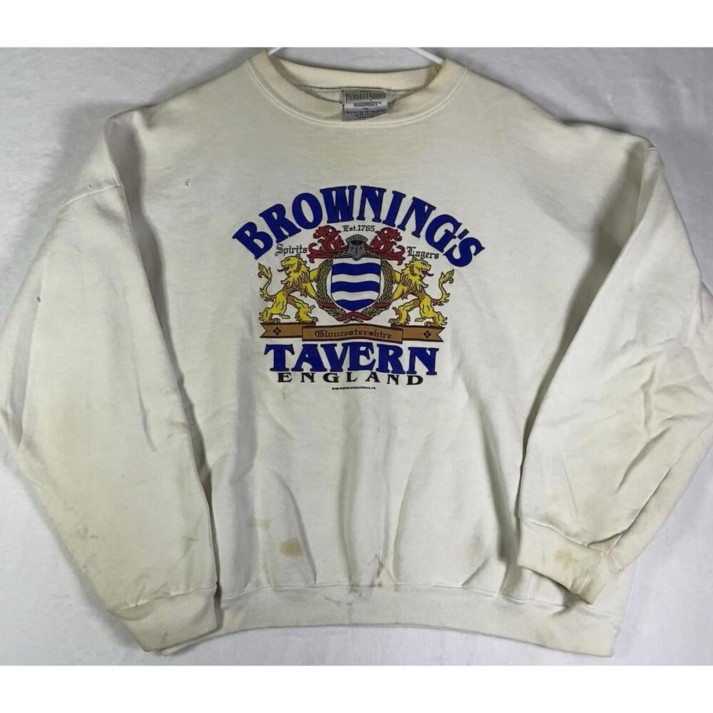 VTG Brownings Tavern Sweatshirt Mens XL Beer Lager Thrashed Crewneck 90s 1992